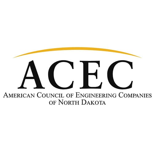 Logo of the American Council of Engineering Companies of North Dakota (ACEC ND), featuring bold black text 'ACEC' with a gold swoosh above it, and the organization's full name in smaller black text below.